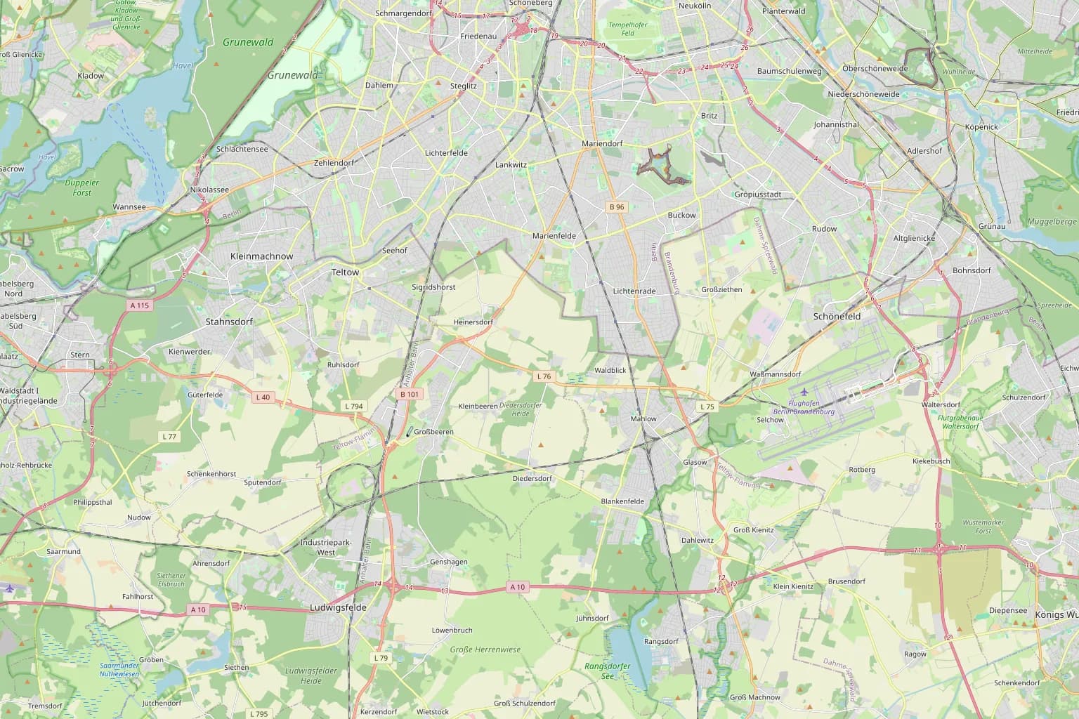 Regionalkarte mit Mahlow, Dahlewitz, Flughafen BER und Ludwigsfelde ohne Markierung der Wohnung