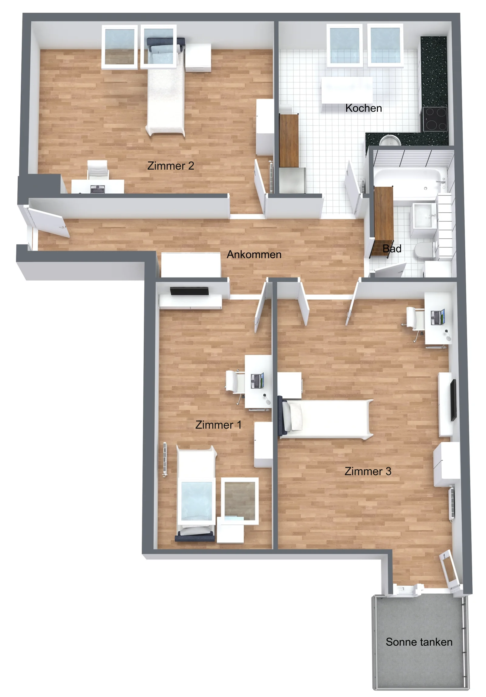 Originaler 3D-Grundriss mit Zimmer 1 bis 3, Küche, Bad, Eingangsbereich und Balkon sowie unveränderter Raumaufteilung und Möblierung